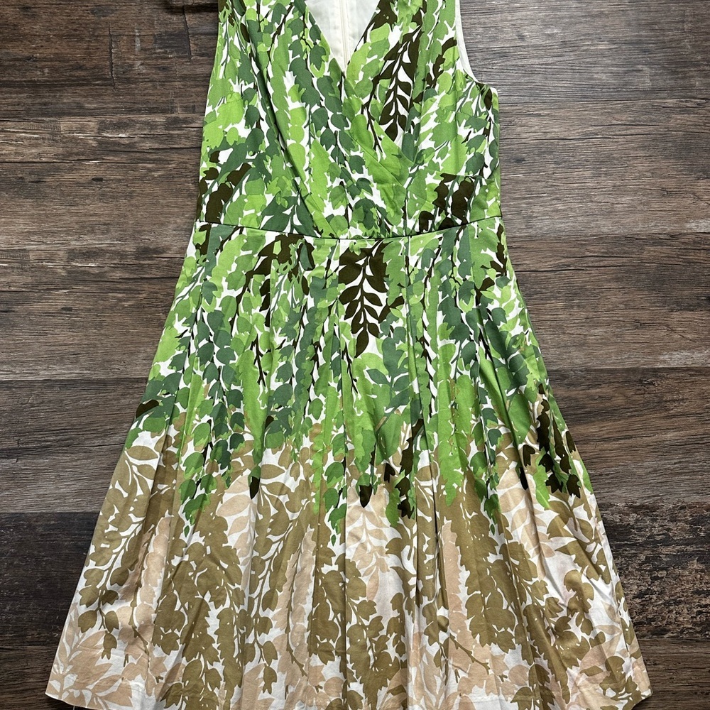 Talbots Green and Brown Leaf Print Midi Dress